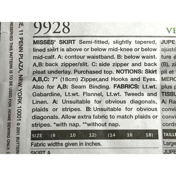 Vogue sewing pattern 9928 straight skirt knee midi 14 16 18 - Picture 7 of 10